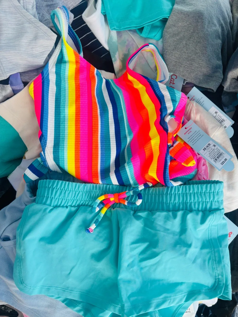 Bright Rainbow Stripe Bikini Top & Aqua Swim Shorts Set